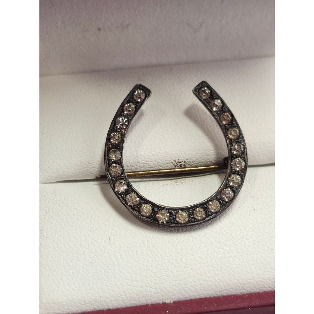 Victorian Sterling Silver Horseshoe Crystal Pin Brooch 925